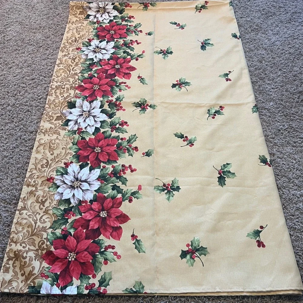 Christmas Poinsettia Holly Berry Gold Tablecloth Holiday Floral‎ 100x60